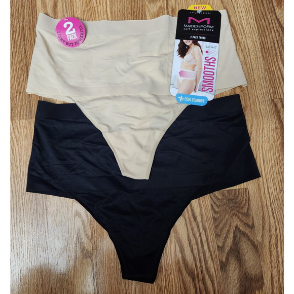 2 Pack Maidenform Smooths Light Thongs Women's Size Large Nude, Black - Picture 2 of 5